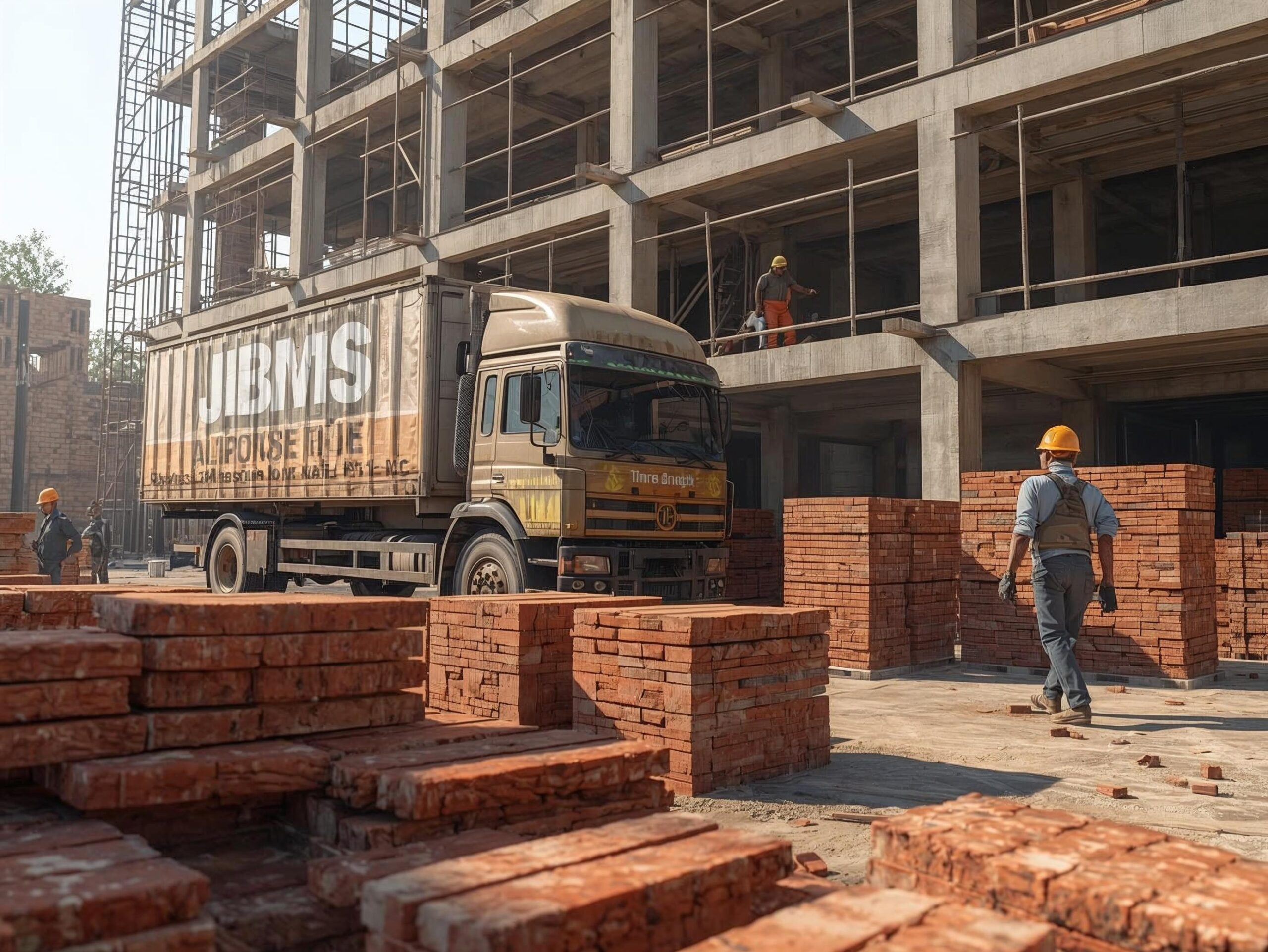 A Highly Realistic Indian Construction Site With A Building Under Construction Scaffolding And Raw Surroundings. A Heavy Duty Truck With Clear JBMS Branding On The Side Is Unloading Brick Tiles Thin Bri Scaled 1