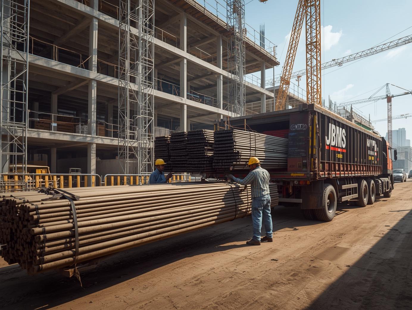 a highly realistic indian construction site with a multi story building under construction scaffolding and cranes in the background. a heavy duty truck with clear jbms branding on the side is unloading re.jpg